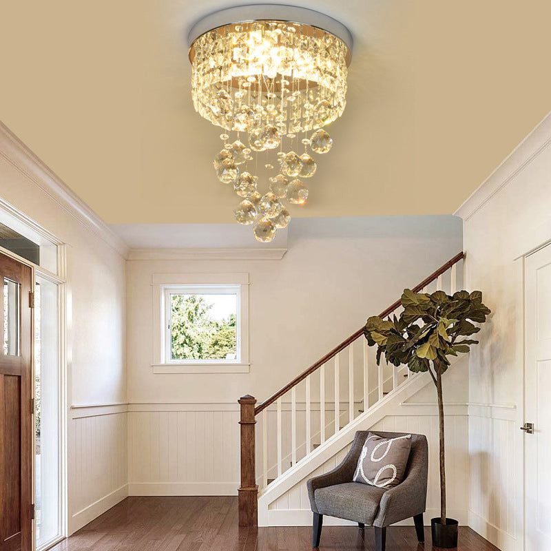 Traditional European Stainless Steel Crystal Round Pendant LED Flush Mount Ceiling Light For Hallway