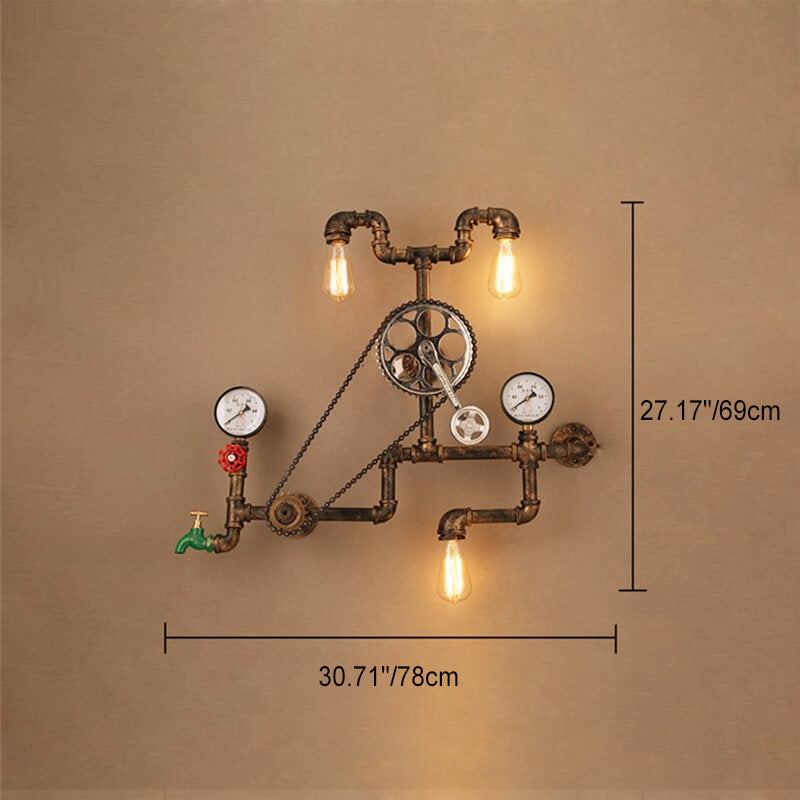 Contemporary Industrial Iron Plumbing Gear 3-Light Wall Sconce Lamp For Living Room