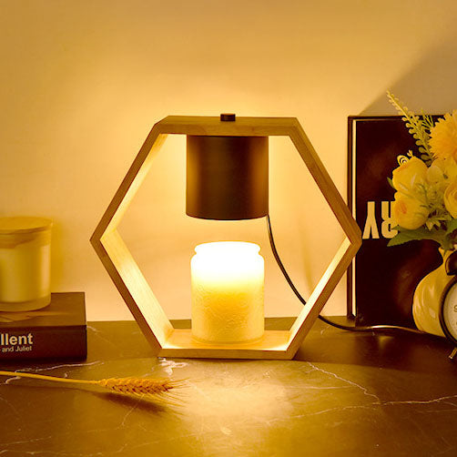 Lampe de table à 1 lumière hexagonale minimaliste moderne en métal et bois pour aromathérapie 