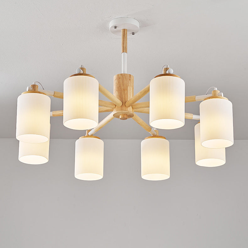 Contemporary Nordic Branch Cylinder Rubberwood Glass 8-Light Chandelier For Living Room