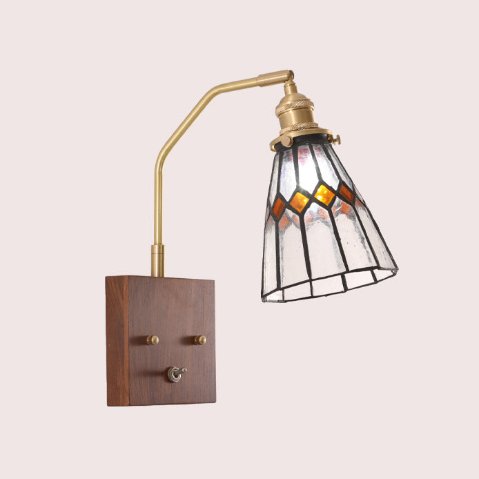 Contemporary Retro Square Cone All Copper Wood Glass 1-Light Wall Sconce Lamp For Living Room