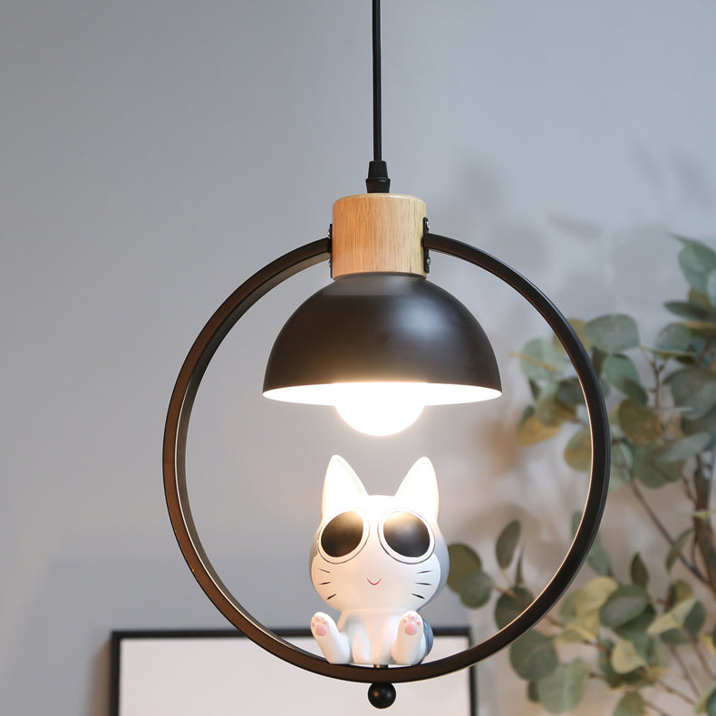 Contemporary Nordic Wood Iron Resin Round Cartoon Cat 1-Light Pendant Light For Bedside