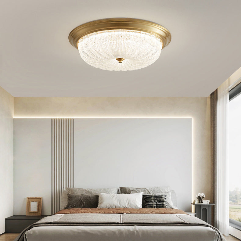 Contemporary Nordic Round Strip Crystal Glass Copper LED Flush Mount Ceiling Light For Bedroom