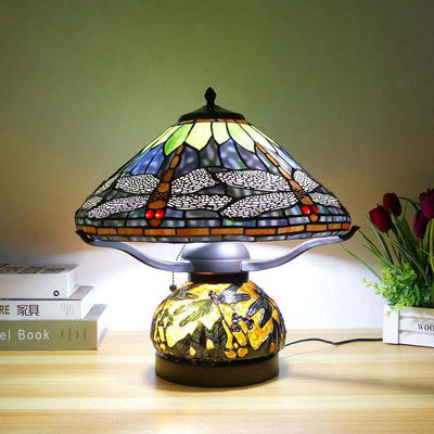 Traditional Tiffany Iron Glass Conic Dragonfly Water Lily 2/3 Light Table Lamp For Study