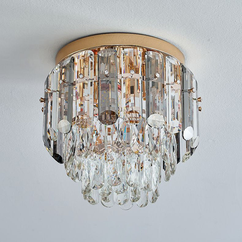 Modern Luxury Art Deco Round Crystal Gold 3-Light Flush Mount Ceiling Light For Hallway