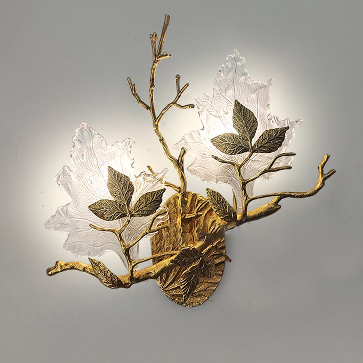 Modern Luxury Copper Colored Glass Maple Leaf Branch 2-Light Wall Sconce Lamp For Living Room