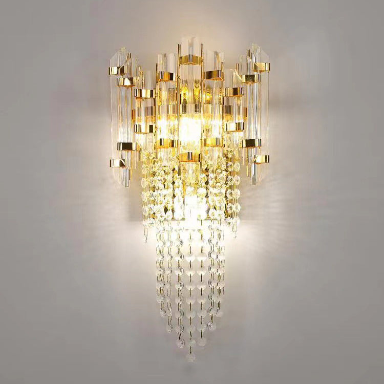 Modern Luxury Gold Stainless Steel Crystal Tassel 2-Light Wall Sconce Lamp For Living Room