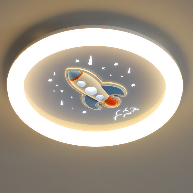 Modern Art Deco Kids Iron Resin Acrylic Round Meteor Shower Rocket Shield Kitty LED Flush Mount Ceiling Light For Bedroom