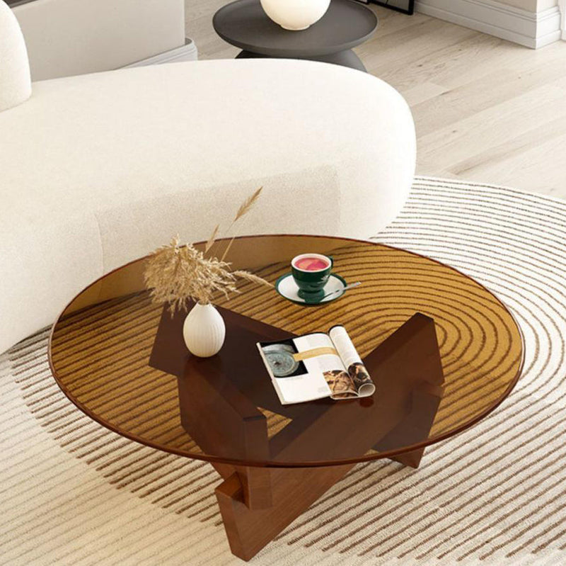 Contemporary Scandinavian Glass Triangular Wooden Base Coffee Table For Living Room