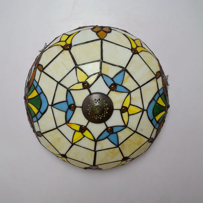 Traditional Tiffany Half Orb Flower Stripe Plaid Iron Stained Glass 3-Light Flush Mount Ceiling Light For Living Room