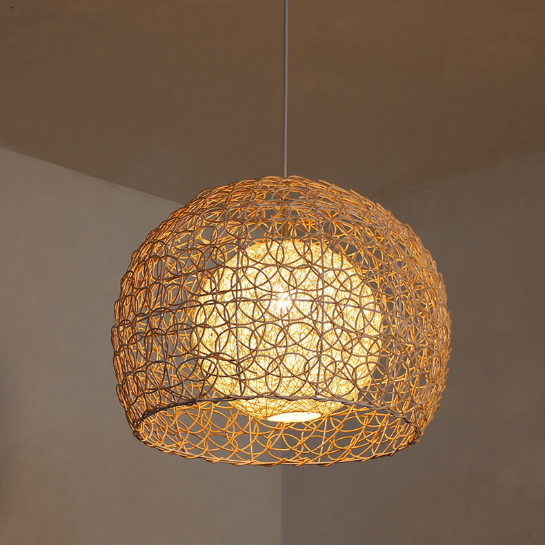 Contemporary Boho Round Rattan Weaving 1-Light Pendant Light For Dining Room