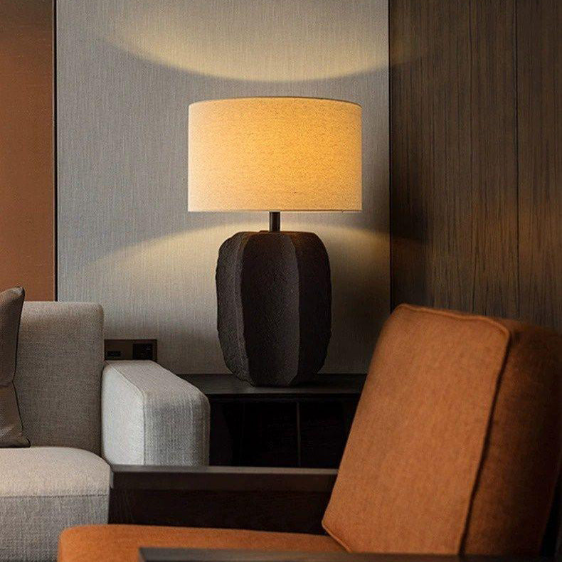 Modern Minimalist Round Cylinder Ceramic Base Fabric 1-Light Table Lamp For Living Room