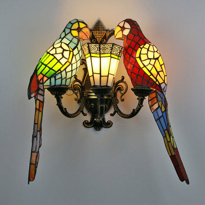 Traditional Tiffany Parrot Round Table Half Round Iron Glass 3-Light Wall Sconce Lamp For Living Room