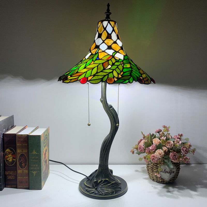 Traditional Tiffany Alloy Glass Horn Flower Leave 2-Light Table Lamp For Bedside