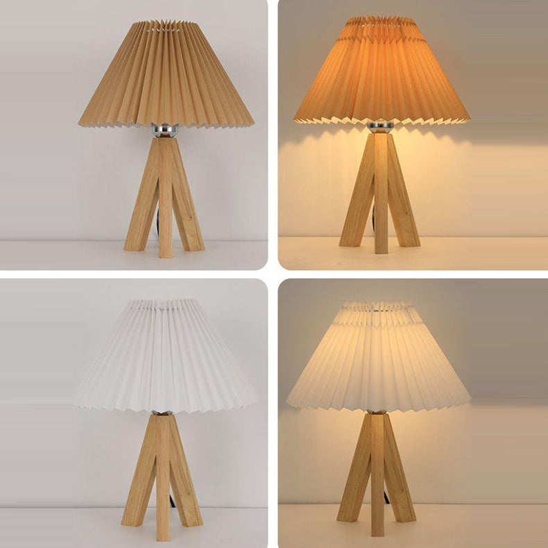 Modern Minimalist Trapezoid Tripod Pleated Fabric Shade Wood 1-Light Table Lamp For Bedroom