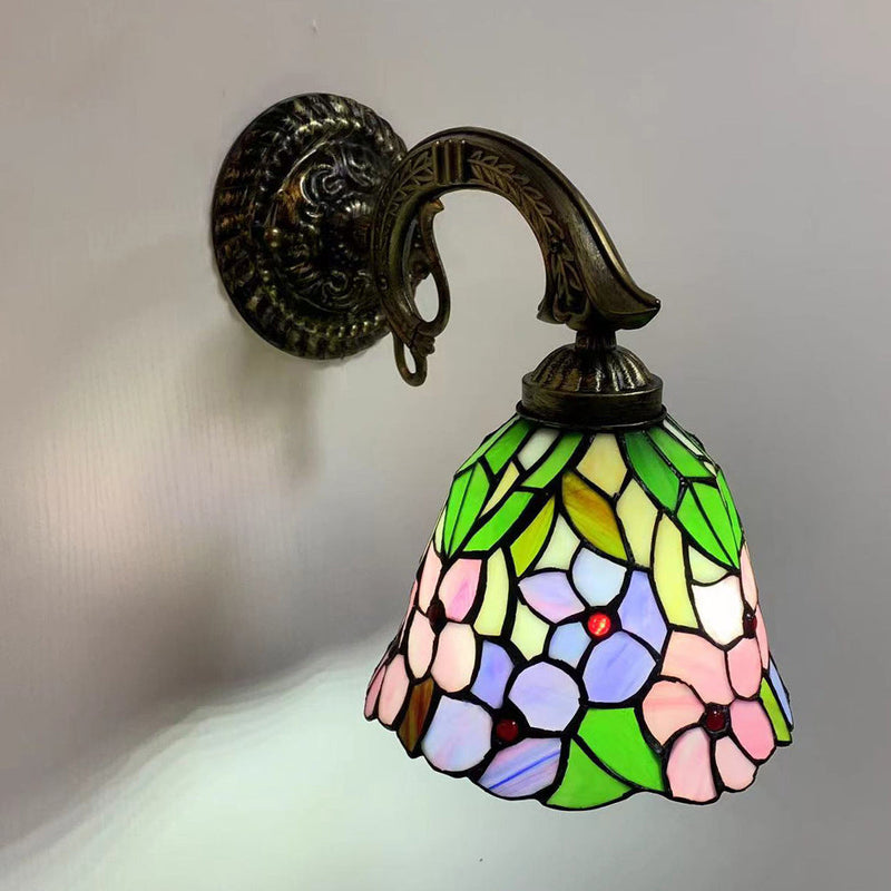 Traditional Tiffany Flower Cup Zinc Alloy Stained Glass 1-Light Wall Sconce Lamp For Bedroom