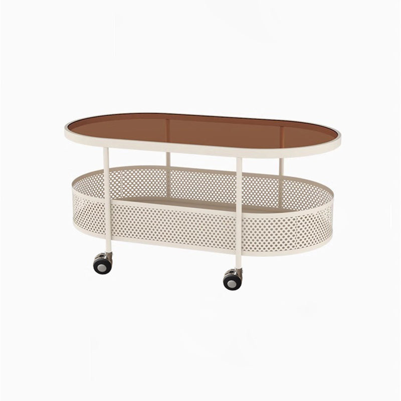 Modern Simplicity Oval Glass Top Iron Movable Side Table 2-Tier Cabinet For Living Room