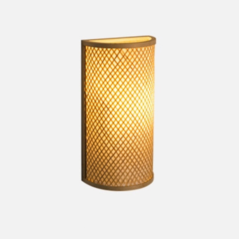 Traditional Japanese Weaving Semicircular Cylinder Bamboo 2-Light Wall Sconce Lamp For Bedside