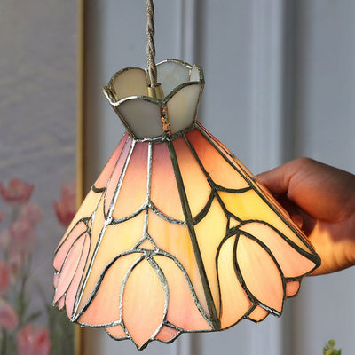 Contemporary Retro Brass Glass Conic Rose Tulip 1-Light Pendant Light For Dining Room