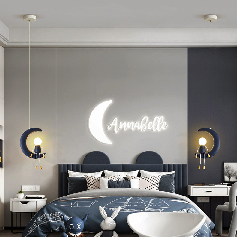 Contemporary Nordic Kids Iron Resin Glass Moon Doll 1-Light Pendant Light For Bedside