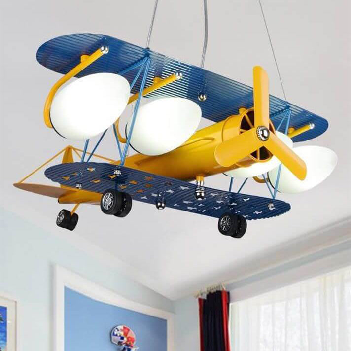 Contemporary Creative Cartoon Metal Aircraft Glass Shade 5-Light Kids Chandelier For Bedroom