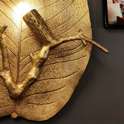 Contemporary Retro Leaf Full Copper 1-Light Wall Sconce Lamp For Living Room