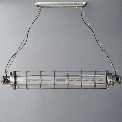 Contemporary Industrial Cylinder Grid Iron Glass 2-Light Island Light Chandelier For Dining Room