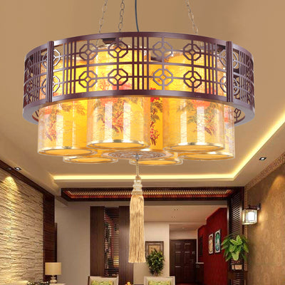 Traditional Chinese Iron Wood PVC Round Cylinder Printed 7/9/11 Light Chandeliers For Dining Room