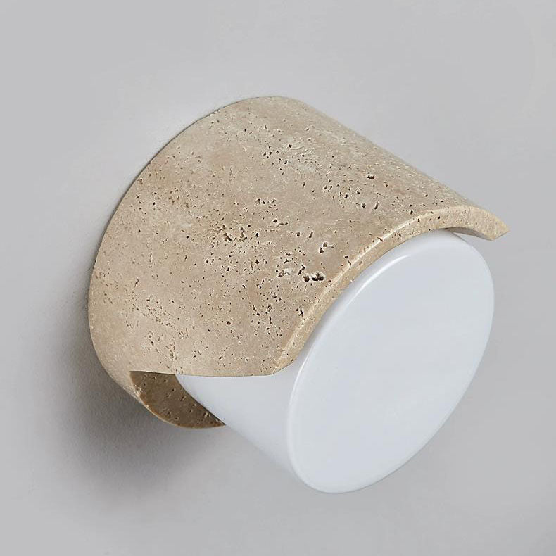 Traditional Japanese Cylindrical Beige Travertine 1-Light Wall Sconce Lamp For Bedroom