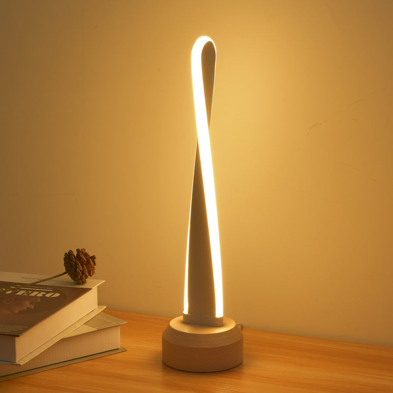 Traditional Japanese Elliptical Spiral Strip Beech Aluminum Silica LED Table Lamp For Bedside