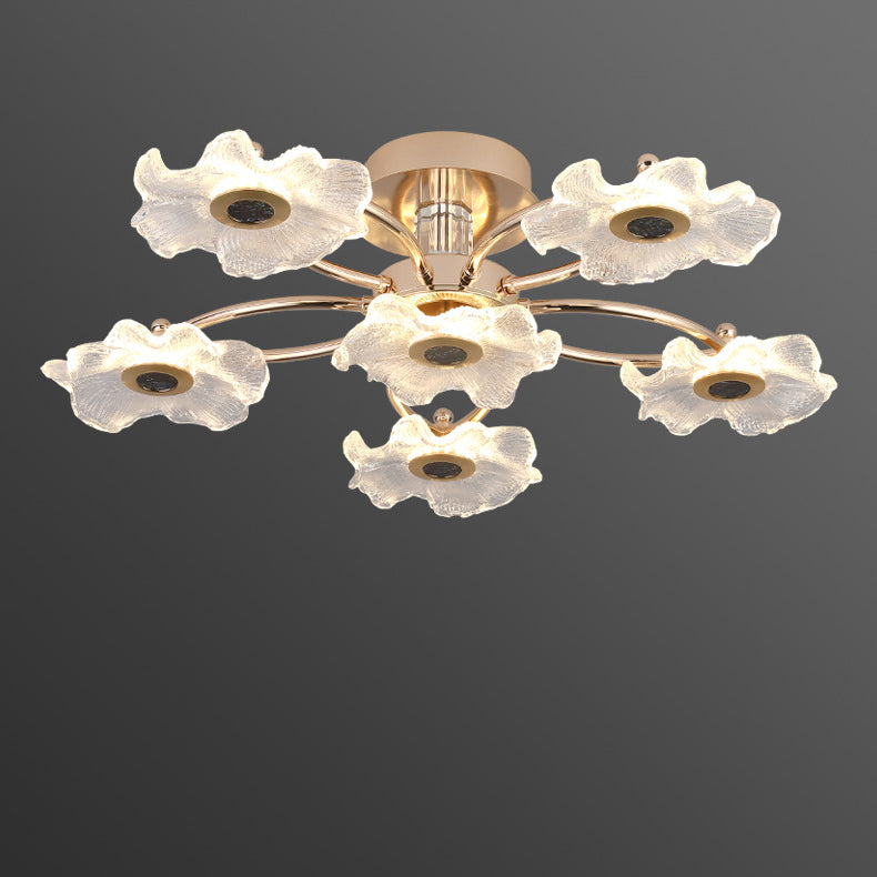 Contemporary Luxury Gold Finish Frame Enamel Bauhinia Glass Shade LED Semi-Flush Mount Ceiling Light For Living Room