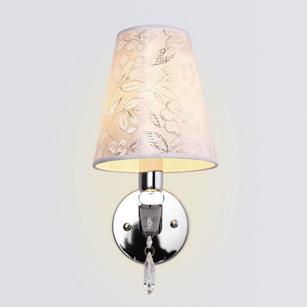 Modern Transitional Flower Pattern Fabric Shade Electroplated Iron Frame 1-Light Wall Sconce Lamp For Living Room