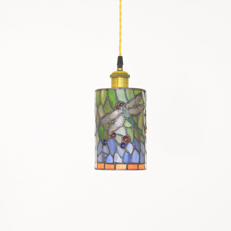 Traditional Tiffany Stained Glass Dragonfly Cylinder 1-Light Pendant Light For Living Room