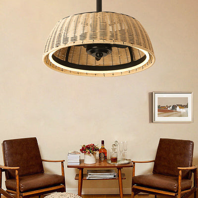 Modern Creative Rattan Weaving Round LED Downrods Ceiling Fan Light