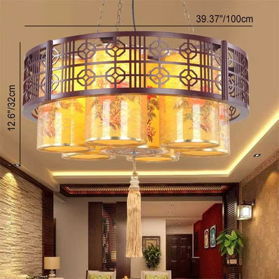 Traditional Chinese Iron Wood PVC Round Cylinder Printed 7/9/11 Light Chandeliers For Dining Room