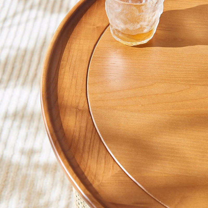 Traditional Japanese Round Rattan Wood Marble Coffee Table 2-Tier For Living Room