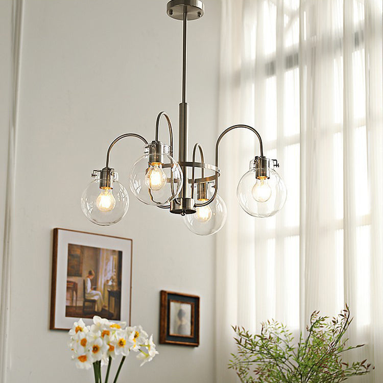 Contemporary Nordic Branch Curved Rod Round Globe Iron Glass 4/5 Light Chandelier For Living Room