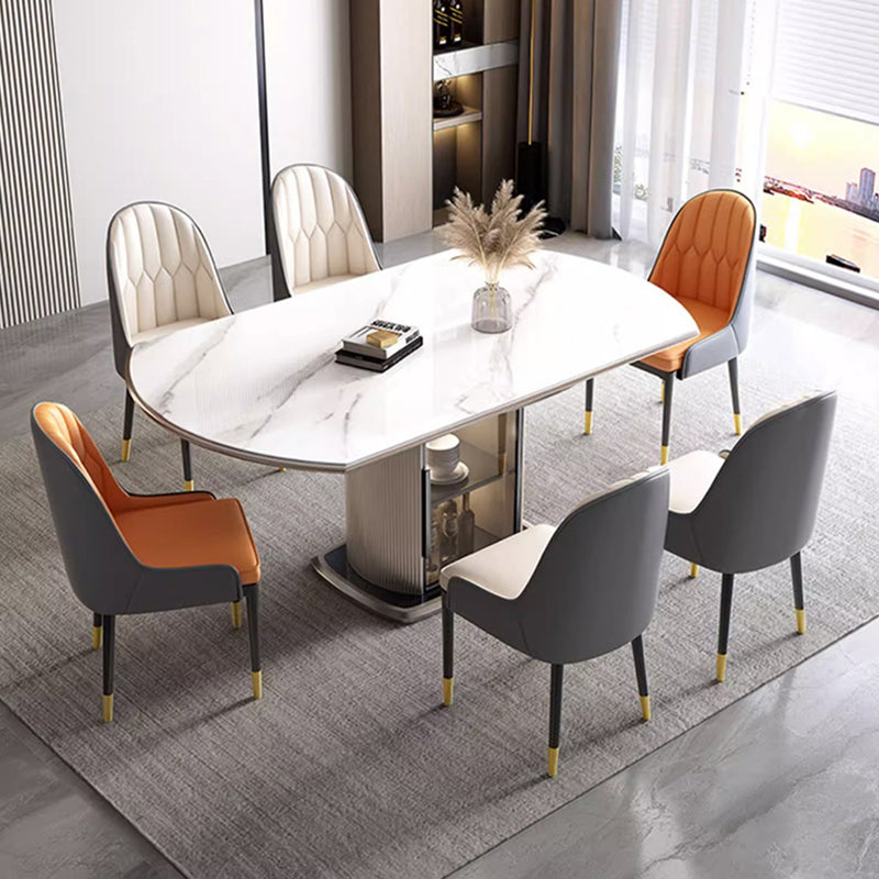 Contemporary Nordic Elliptical Slab Wood Glass Dining Table & Chair Set For 4 Seats