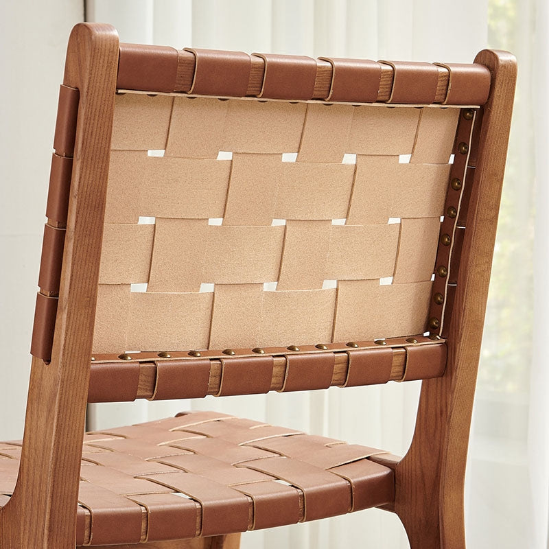 Contemporary Scandinavian Square Woven Wood Saddle Leather Dining Chair Backrest For Dining Room