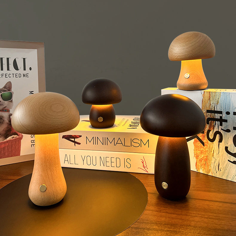 Contemporary Creative USB Mushroom Wood LED Table Lamp For Bedroom