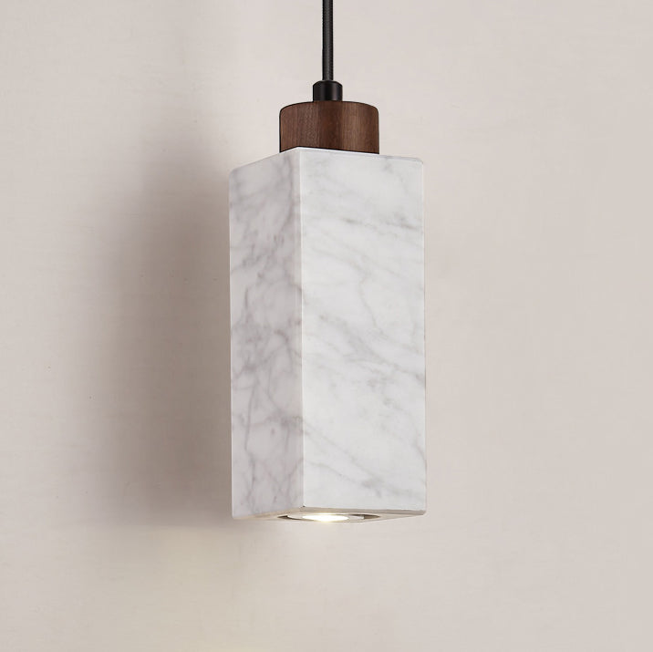 Modern Minimalist Rectangular Solid Wood Marble 1-Light Pendant Light For Bedroom