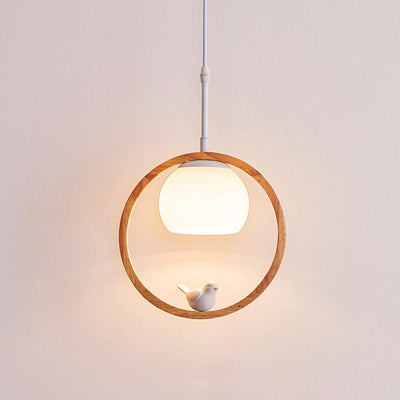 Contemporary Scandinavian Round Bird Wood Glass 1-Light Pendant Light For Living Room