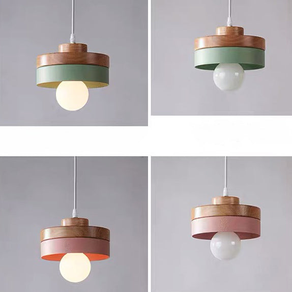 Modern Minimalist Macaron Square Iron Wood 1-Light Pendant Light For Living Room