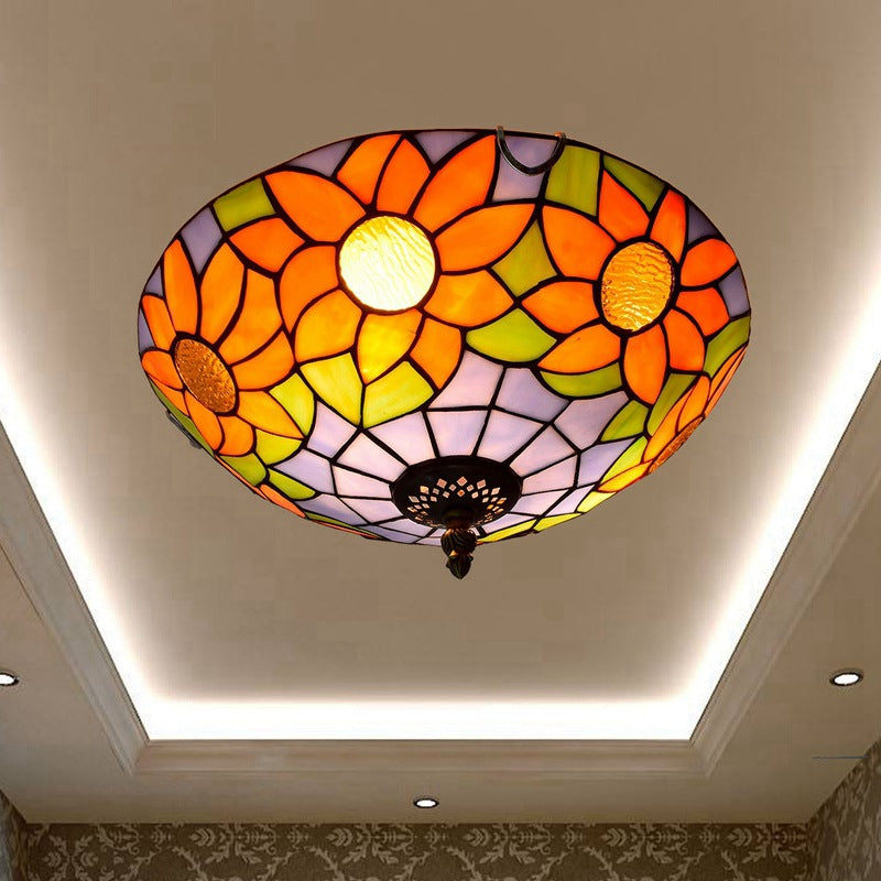 Traditional Tiffany Dome Sunflower Iron Glass 2-Light Flush Mount Ceiling Light For Living Room