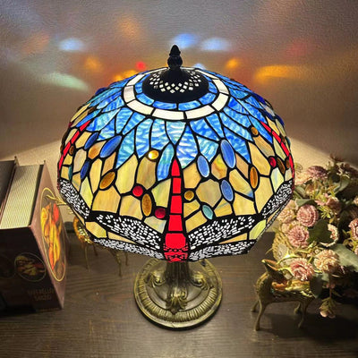 Traditional Tiffany Metal Hardware Glass Semicircular Dragonfly Flower Water Drop 1-Light Table Lamp For Bedroom