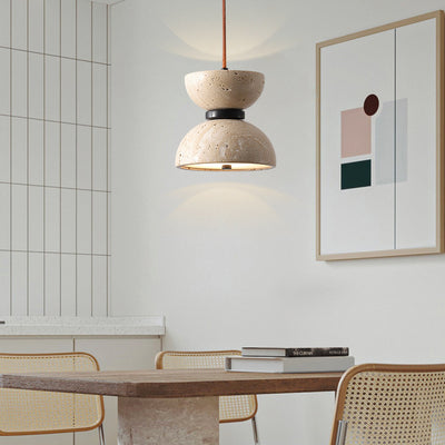 Traditional Japanese Semicircle Yellow Travertine Wood LED Pendant Light For Dining Room