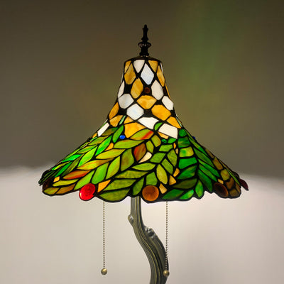 Traditional Tiffany Alloy Glass Horn Flower Leave 2-Light Table Lamp For Bedside