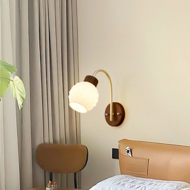 Contemporary Creative Bell Orchid Flower Pleated Glass Shade Wood 1-Light Wall Sconce Lamp For Living Room