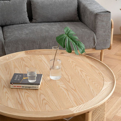 Contemporary Nordic Round Wood Rattan Coffee Table 2-Tier For Living Room