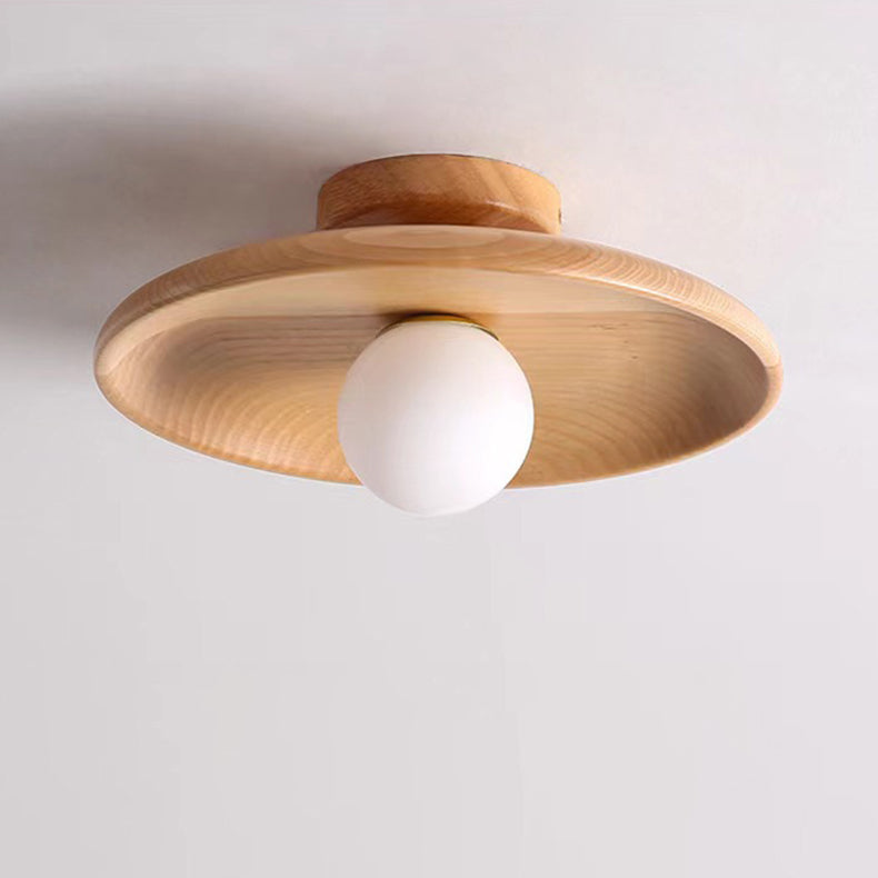 Contemporary Simplicity Round Wood Glass 1-Light Semi-Flush Mount Ceiling Light For Living Room